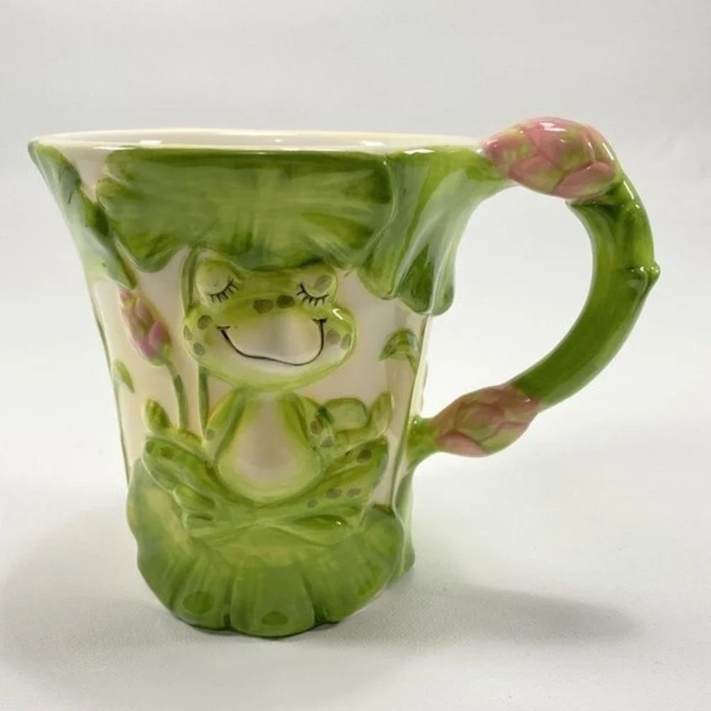 Pier 1 Imports Meditating Frog Mug Embossed Cup Yoga Frog Hand Painted